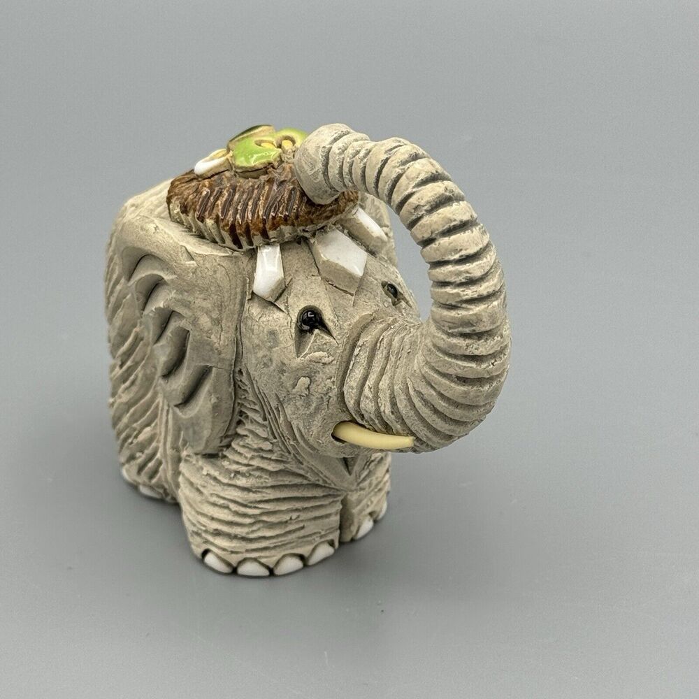 Vtg Artesania Rinconada Elephant Raised Trunk Figurine Signed Uruguay Glazed 3"